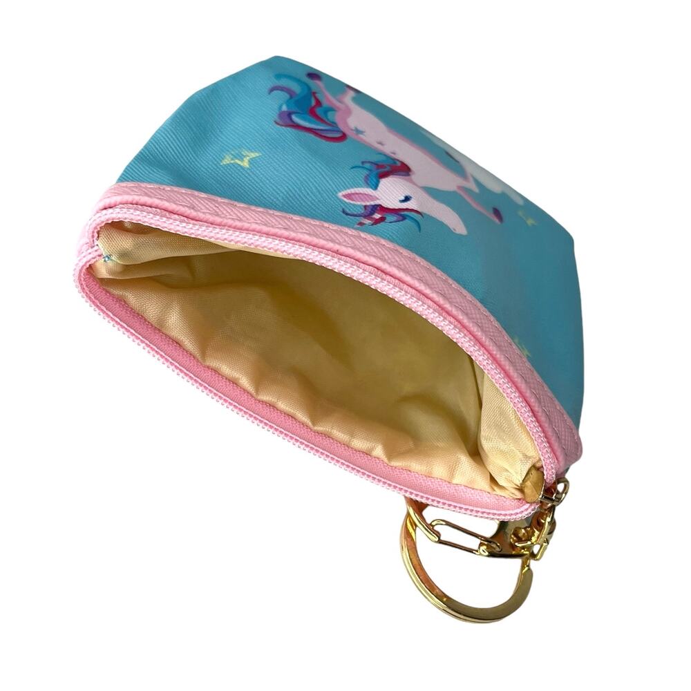 Girls Unicorn Coin Purch Charm Key Ring White Horse Blue Zip Bag Pouch Keychain - Picture 3 of 5